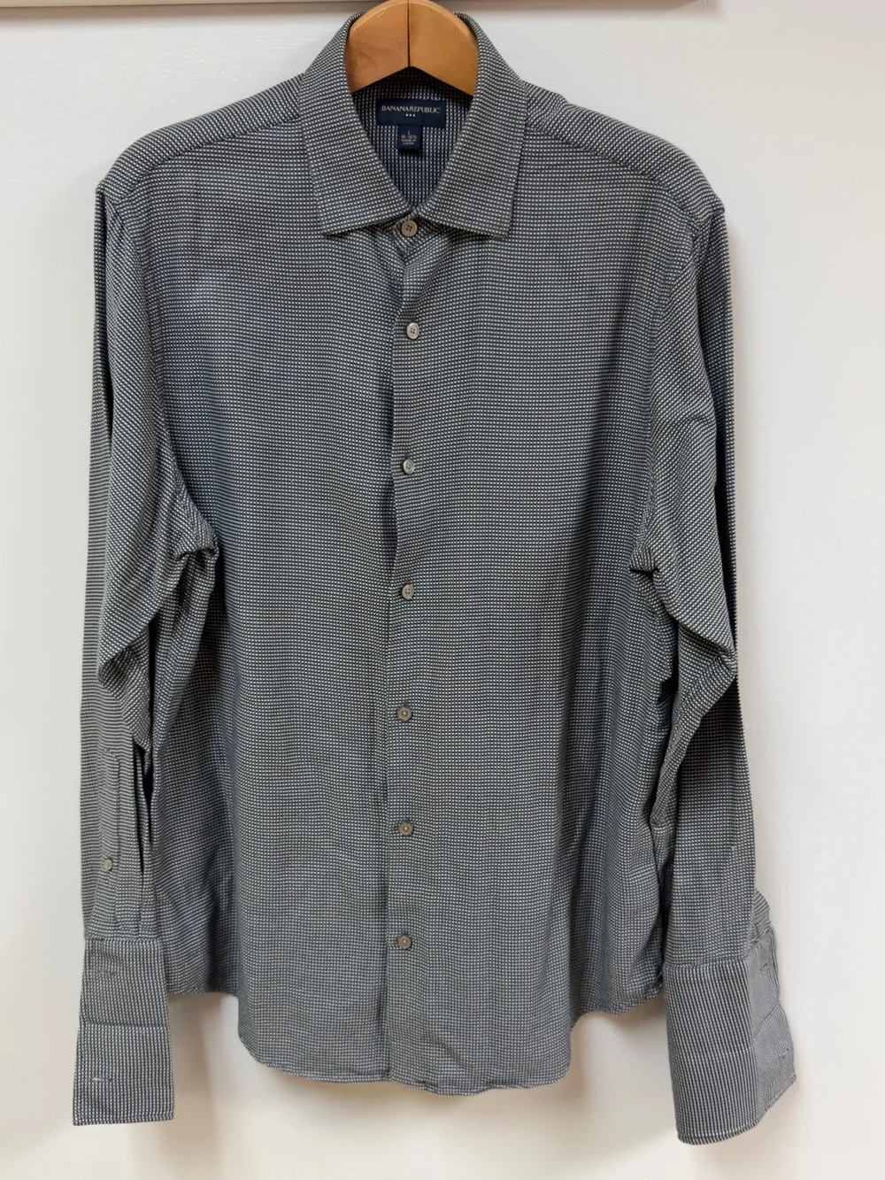 Banana Republic Mens Large Charcoal Gray White Micro-Check Dress Shirt 16-16.5